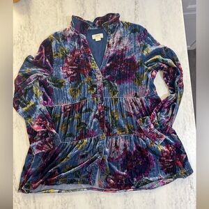 Anthropologie Maeve Reverie Blue and Purple Velvet Floral Tiered Button-Up Top